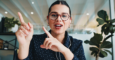 Buy stock photo Business woman, portrait or video call with earphones in office for virtual meeting or chat. Female person, POV or consultant talking with advice for online discussion or presentation in workplace