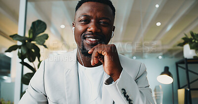 Buy stock photo Office, pov and portrait of business black man for video conference, online workshop and seminar. Professional, earphones and person in virtual meeting for webinar, training and career development