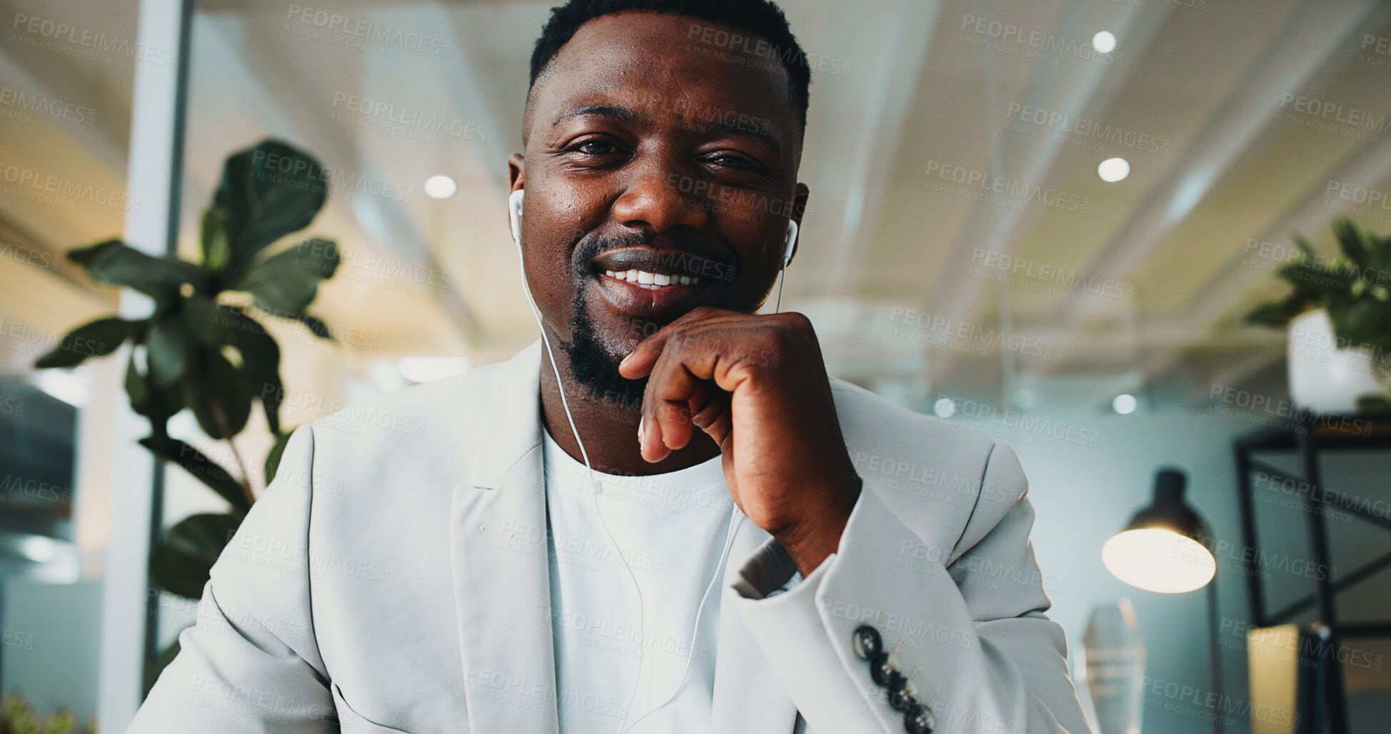 Buy stock photo Office, pov and portrait of business black man for video conference, online workshop and seminar. Professional, earphones and person in virtual meeting for webinar, training and career development