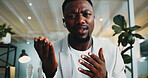 Black man, portrait or video call with earphones in office for virtual meeting or business chat. Male person, POV or consultant talking with advice for online discussion or presentation in workplace