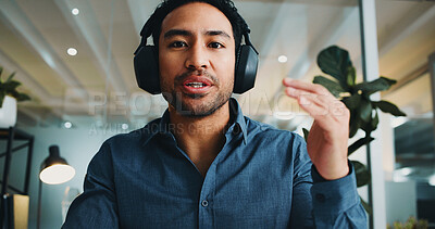Buy stock photo Businessman, portrait or video call with headphones in office for virtual meeting or webinar. Male person, POV or consultant talking with advice for online discussion or presentation in workplace
