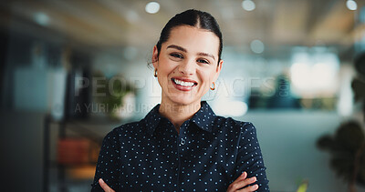 Buy stock photo Happy, portrait or woman in office with arms crossed, experience or job goals in media profession. Smile, bokeh or journalist in agency with confidence, ambition or career in publishing industry.