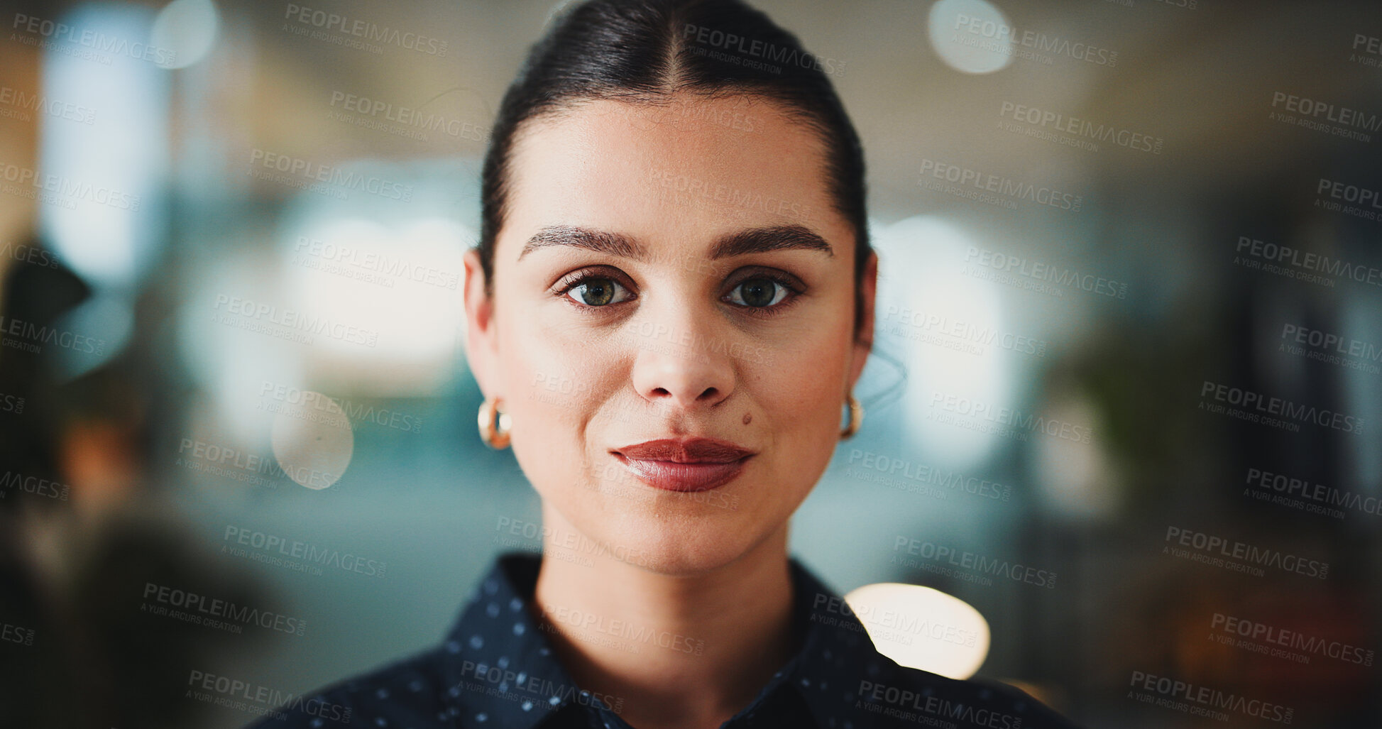 Buy stock photo Portrait, smile and professional with business woman in office for about us, stock broker advisor and pride. Happy, bokeh and financial consultant with person in agency for career and opportunity
