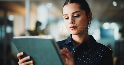 Buy stock photo Tablet, scroll and reading with business woman in office for planning, new report or editor review. Research, online story article and bokeh with person and tech in agency for project and publication