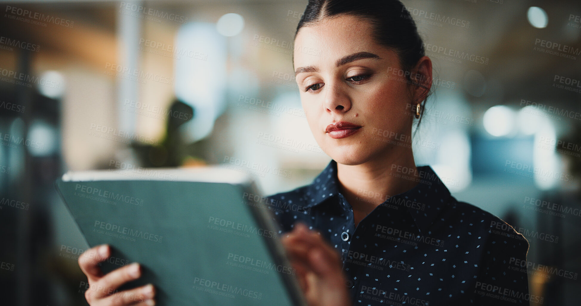 Buy stock photo Tablet, scroll and reading with business woman in office for planning, new report or editor review. Research, online story article and bokeh with person and tech in agency for project and publication