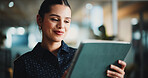 Tablet, smile and reading with business woman in office for planning, new report or editor review. Research, online story article and bokeh with person and tech in agency for project and publication