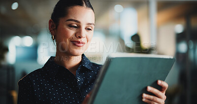 Buy stock photo Tablet, smile and reading with business woman in office for planning, new report or editor review. Research, online story article and bokeh with person and tech in agency for project and publication