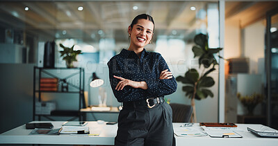 Buy stock photo Portrait, arms crossed and smile with business woman in office for about us, stock broker advisor and pride. Happy, bokeh and financial consultant with person in agency for career and opportunity