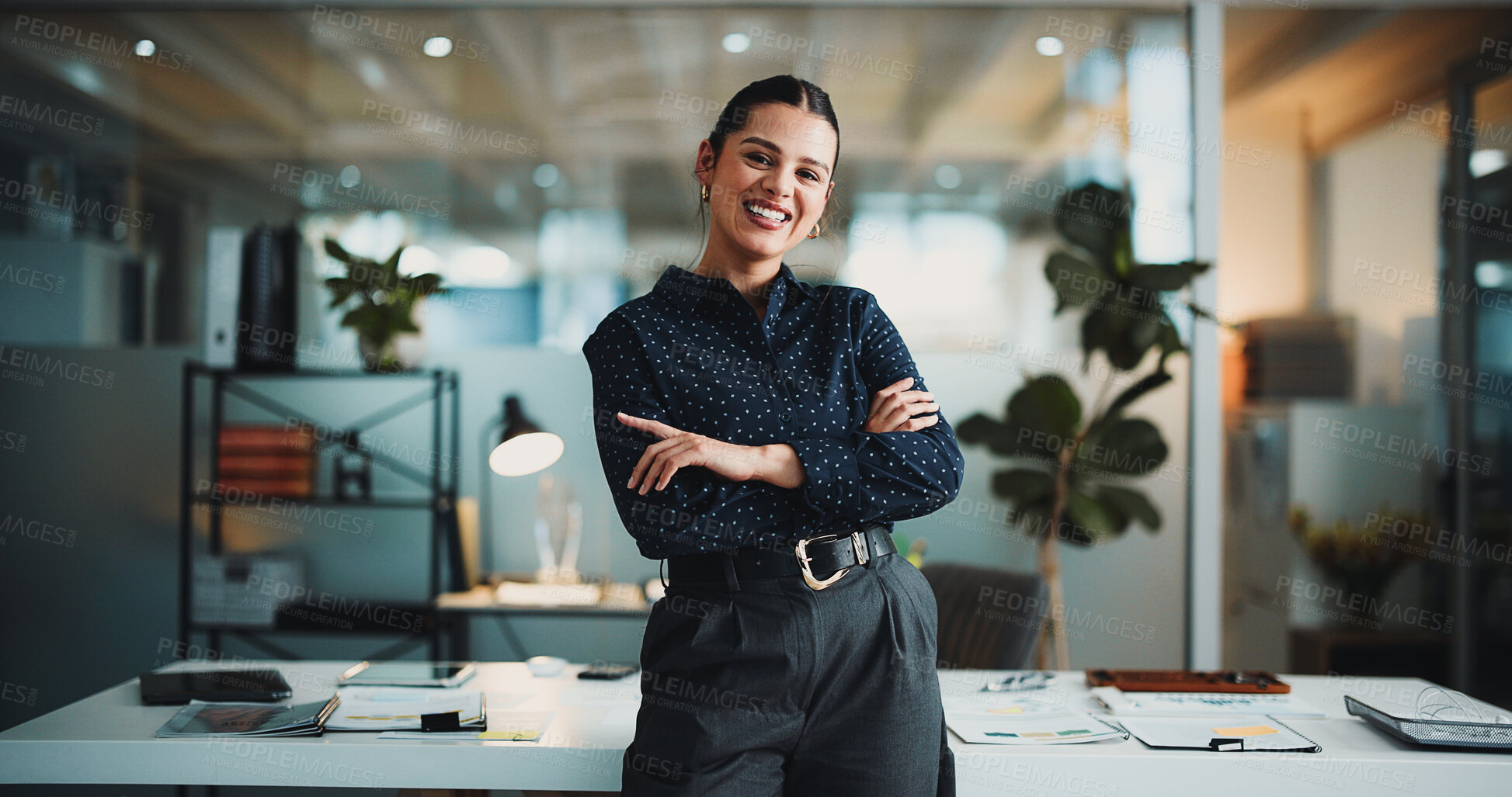 Buy stock photo Portrait, arms crossed and smile with business woman in office for about us, stock broker advisor and pride. Happy, bokeh and financial consultant with person in agency for career and opportunity