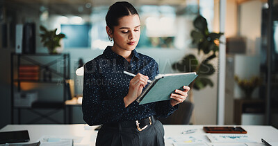Buy stock photo Business woman, writing and tablet with checklist in office for financial analysis or expenses. Female person, accountant or analyst checking finance with technology for company budget or revenue