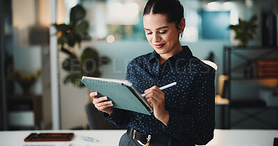 Buy stock photo Creative, woman and writing in office with tablet for graphic design, marketing project and planning. Happy, person and digital designer with tech in workplace for visual media, advertising and idea.