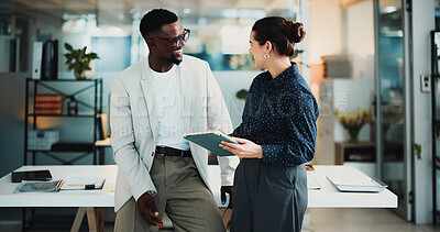 Buy stock photo Happy people, meeting and talking in office with tablet for advertising campaign, planning and feedback. Team, smile and discussion in workplace with tech for marketing research, ideas and proposal.