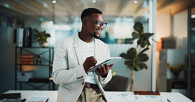 Buy stock photo Tablet, thinking and smile with business black man in office for reflection, news story vision and perspective. Journalist idea, publication research and memory with person and tech in agency