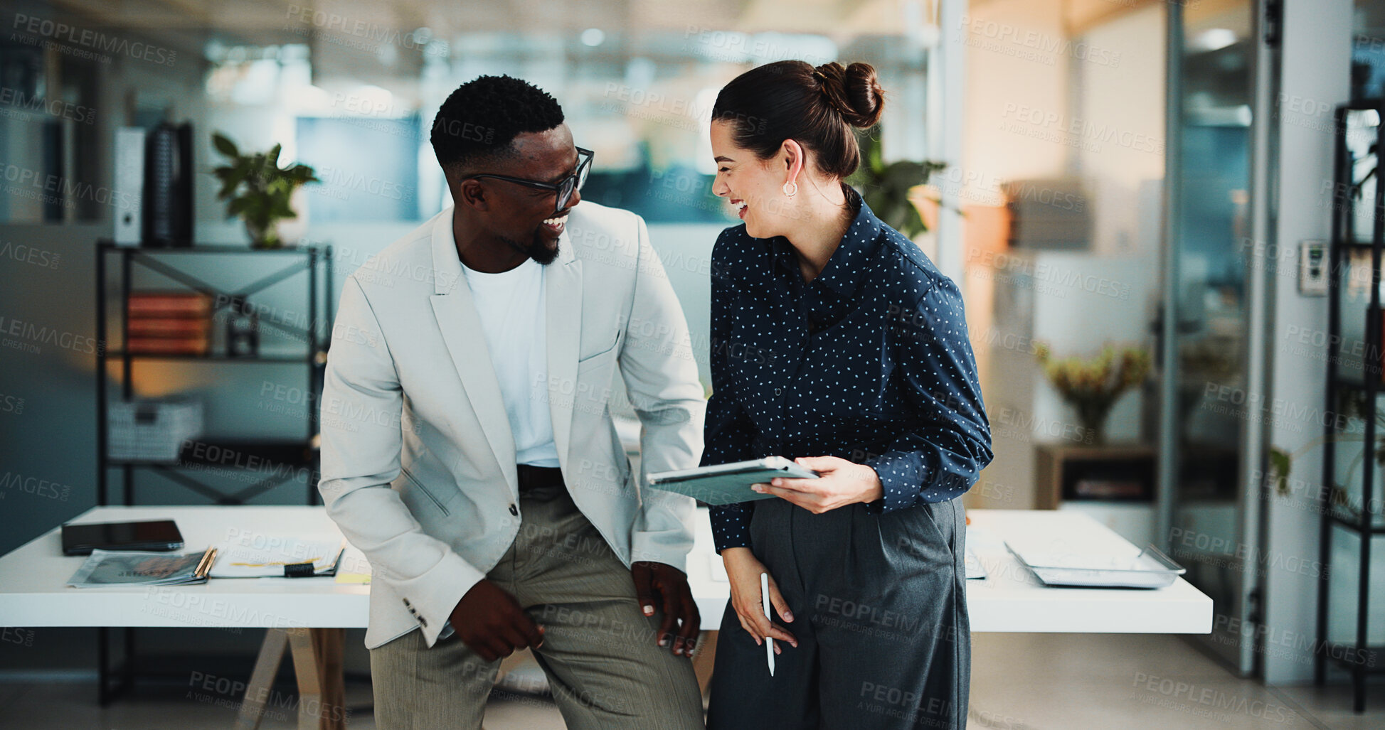 Buy stock photo People, laugh and talking in office with tablet for funny marketing campaign, planning and feedback. Team, smile and discussion in workplace with tech for advertising joke, online humor and proposal.
