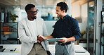 Happy, people and handshake in office with tablet for marketing project, collaboration or agreement. Team, smile or shaking hands with tech in workplace for advertising campaign, approval or support.