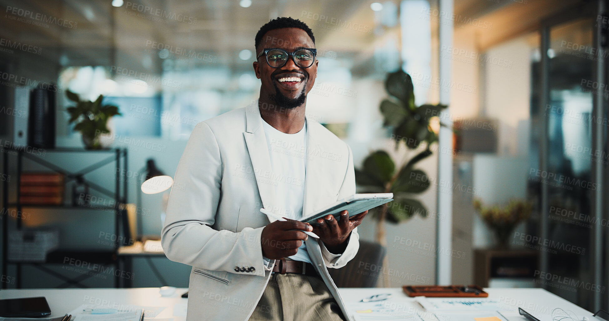 Buy stock photo Portrait, smile or black man in office with tablet, about us or pride in accounting career. Confidence, bokeh or financial analyst in agency with tech, ambition or experience in risk management.