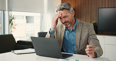 Buy stock photo Laptop, headache or mature man in office for finance, brain fog or audit mistake on budget report. Burnout, technology or analyst in agency with migraine, fatigue or bookkeeping error in cost review.
