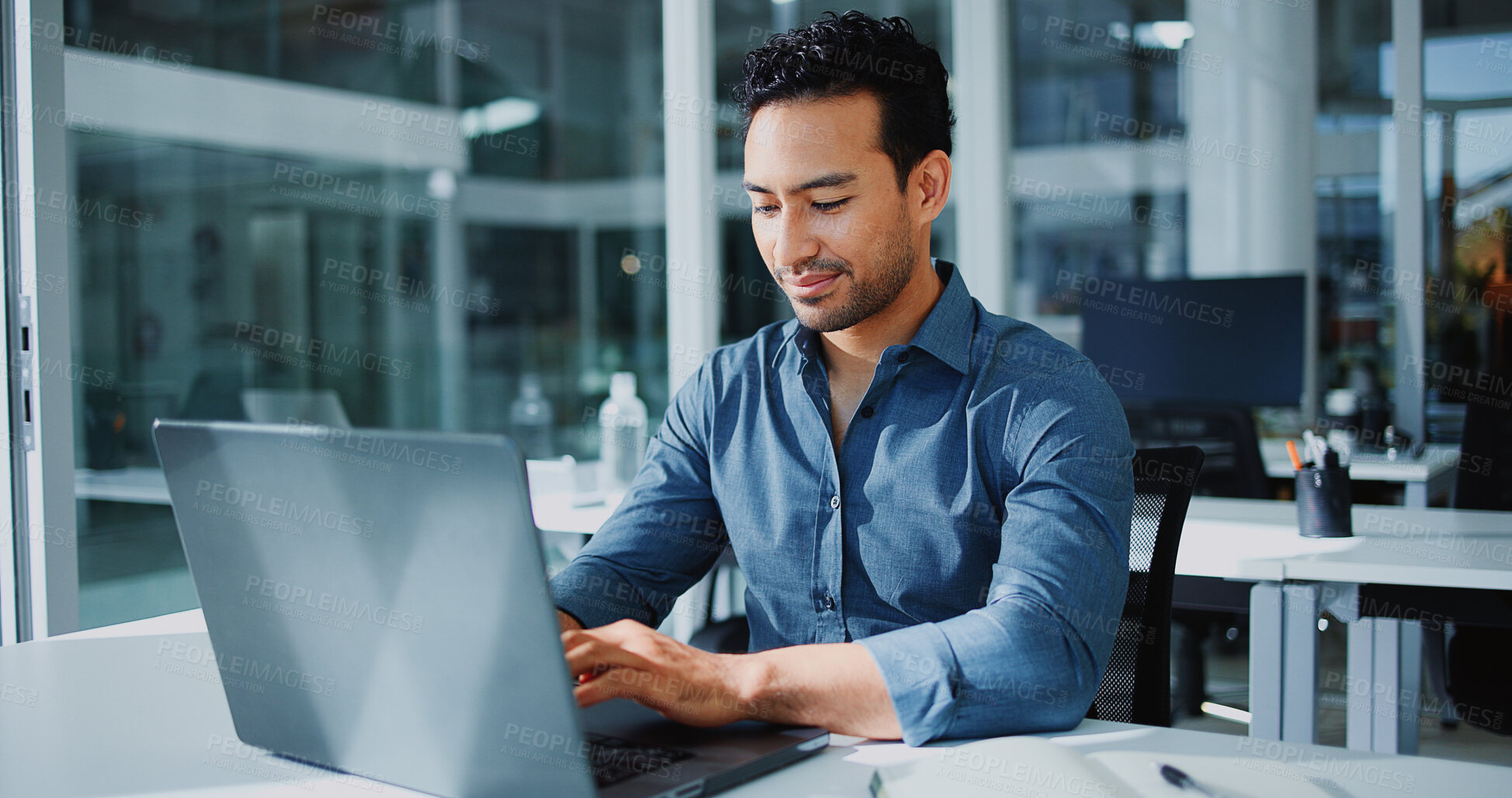 Buy stock photo Office, typing and business man on laptop for financial review, investment research and website. Corporate, professional and person on computer for finance report, budget planning or expense analysis