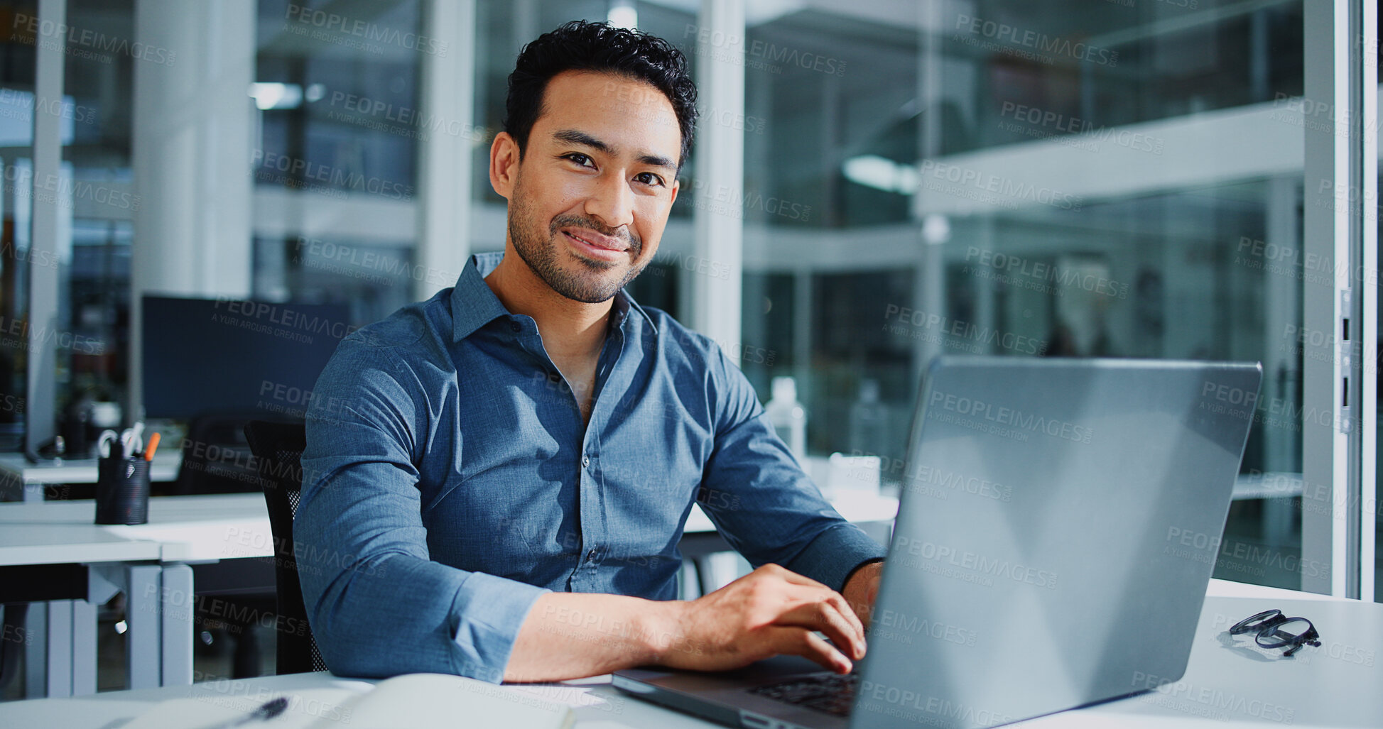 Buy stock photo Accountant, portrait and smile in office with laptop, pride and bookkeeping as businessman. Male person, manager and tech for finance agency, banking and investment opportunity for payroll in job