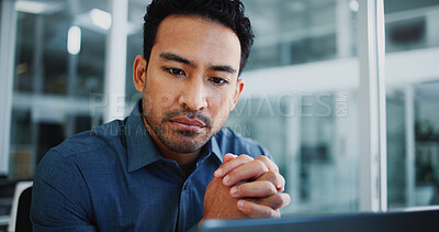 Buy stock photo Man, reading and employee with laptop, office and financial plan for annual budget and productivity. Business, accountant and person with tech for risk management, space and review of revenue on web