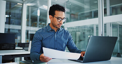 Buy stock photo Documents, laptop and business man for financial review, proposal and budget planning for company. Corporate, office and person with paperwork on computer for finance report, research and expenses