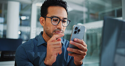 Buy stock photo Business man, reading or phone in office, email notification or schedule update for investment project. Review details, check agenda change or stock broker track market with tech, message or research