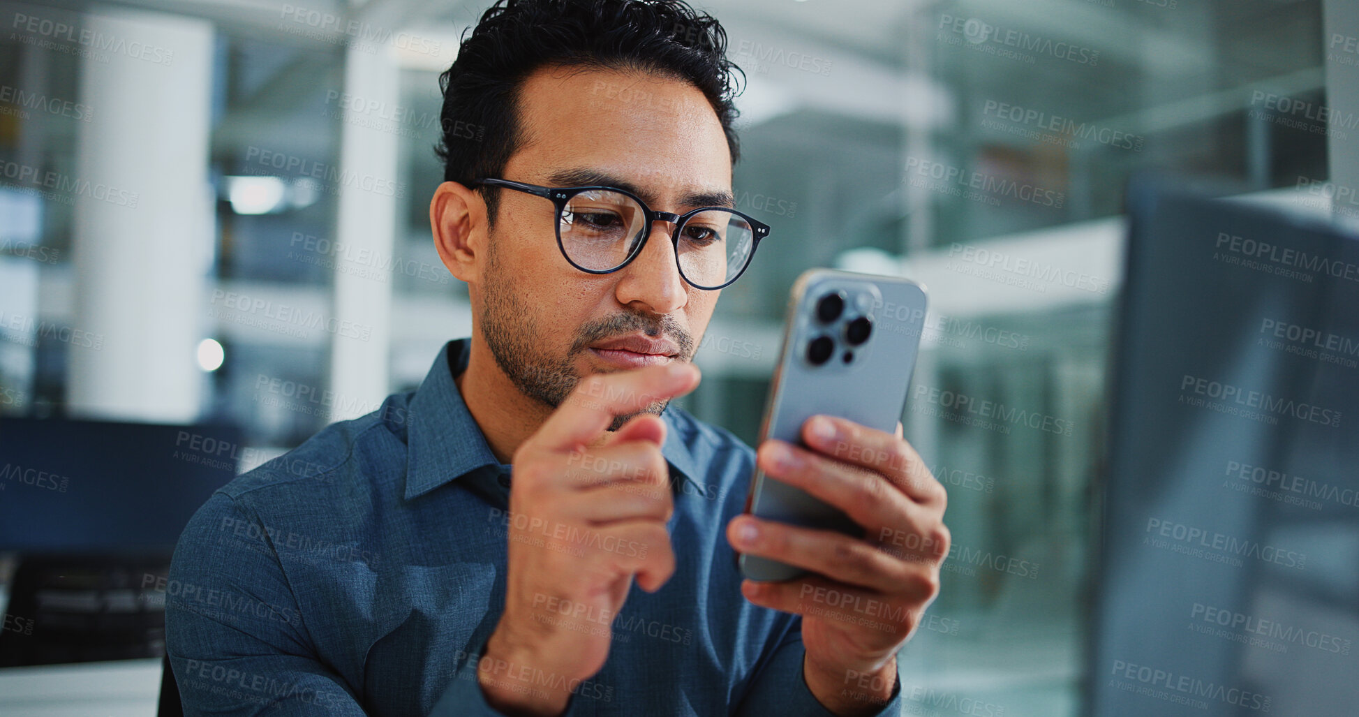 Buy stock photo Business man, reading or phone in office, email notification or schedule update for investment project. Review details, check agenda change or stock broker track market with tech, message or research