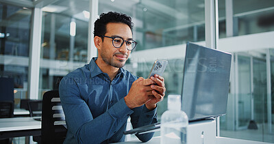Buy stock photo Smartphone, research and man with glasses in office, happy and financial planning for annual budget. Business, accountant and person with mobile for risk management, reading and digital report on web