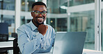 Black man, portrait and smile in office with laptop, pride and bookkeeping as accountant. Business person, glasses and tech for finance agency, banking and investment opportunity for payroll in job
