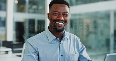 Buy stock photo Human resources, portrait or black man in office with smile, confident or professional for talent acquisition. Happy, recruitment or manager with pride for onboarding, we are hiring or opportunity