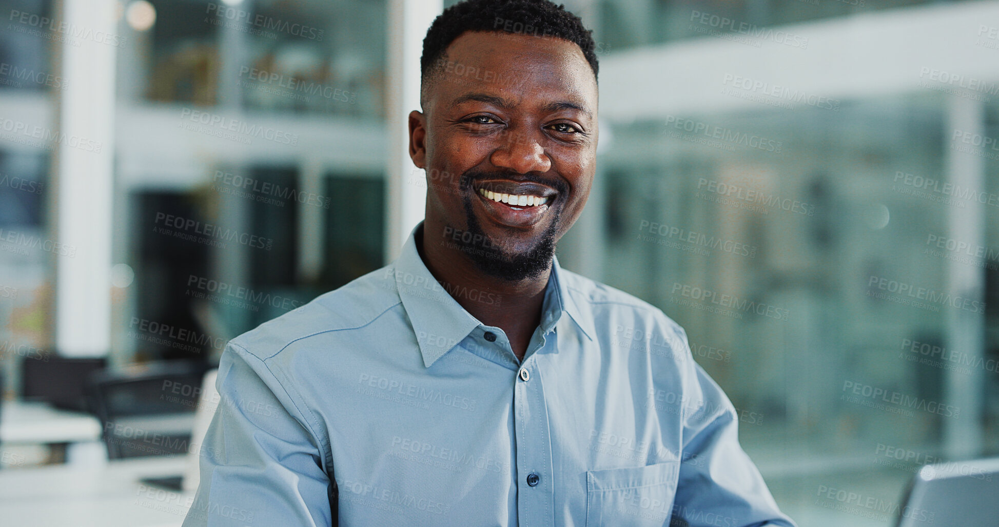 Buy stock photo Human resources, portrait or black man in office with smile, confident or professional for talent acquisition. Happy, recruitment or manager with pride for onboarding, we are hiring or opportunity