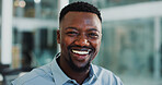 Business, portrait and black man with smile, financial advisor and career ambition. African person, investor and employee in workplace, economy analysis and happiness with confidence and pride
