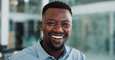 Buy stock photo Business, portrait and black man with smile, financial advisor and career ambition. African person, investor and employee in workplace, economy analysis and happiness with confidence and pride