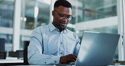 Buy stock photo Online, laptop and business black man in office for financial review, investment research and website. Corporate, glasses and person on computer for finance report, budget planning and proposal
