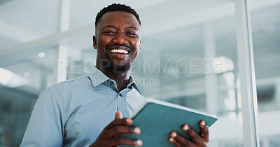 Buy stock photo Black man, tablet and smile in office with portrait, report and bookkeeping as accountant. Business person, management and tech for finance agency, app and investment opportunity for payroll in job