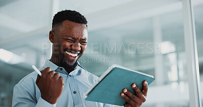 Buy stock photo Excited, employee and man with tablet, office and celebration for design approval, laugh and online. Creative, graphic designer and black person with tech for assignment, achievement and logo on web