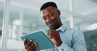 Buy stock photo Black man, tablet and smile in office with app, report and bookkeeping as accountant. Business person, management and tech for finance agency, stylus and investment opportunity for payroll in job