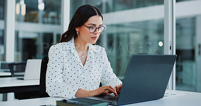 Buy stock photo Office, laptop and business woman for financial review, investment research and website. Corporate, professional and person typing on computer for finance report, budget planning and expense proposal