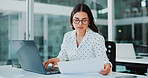 Documents, laptop and business woman for financial review, proposal and budget planning for company. Corporate, office and person with paperwork on computer for finance report, research and expenses