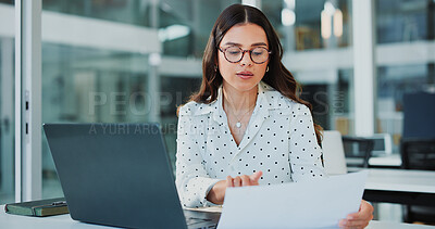 Buy stock photo Paperwork, laptop and business woman for financial review, proposal and budget planning for company. Corporate, office and person with documents on computer for finance report, research and expenses