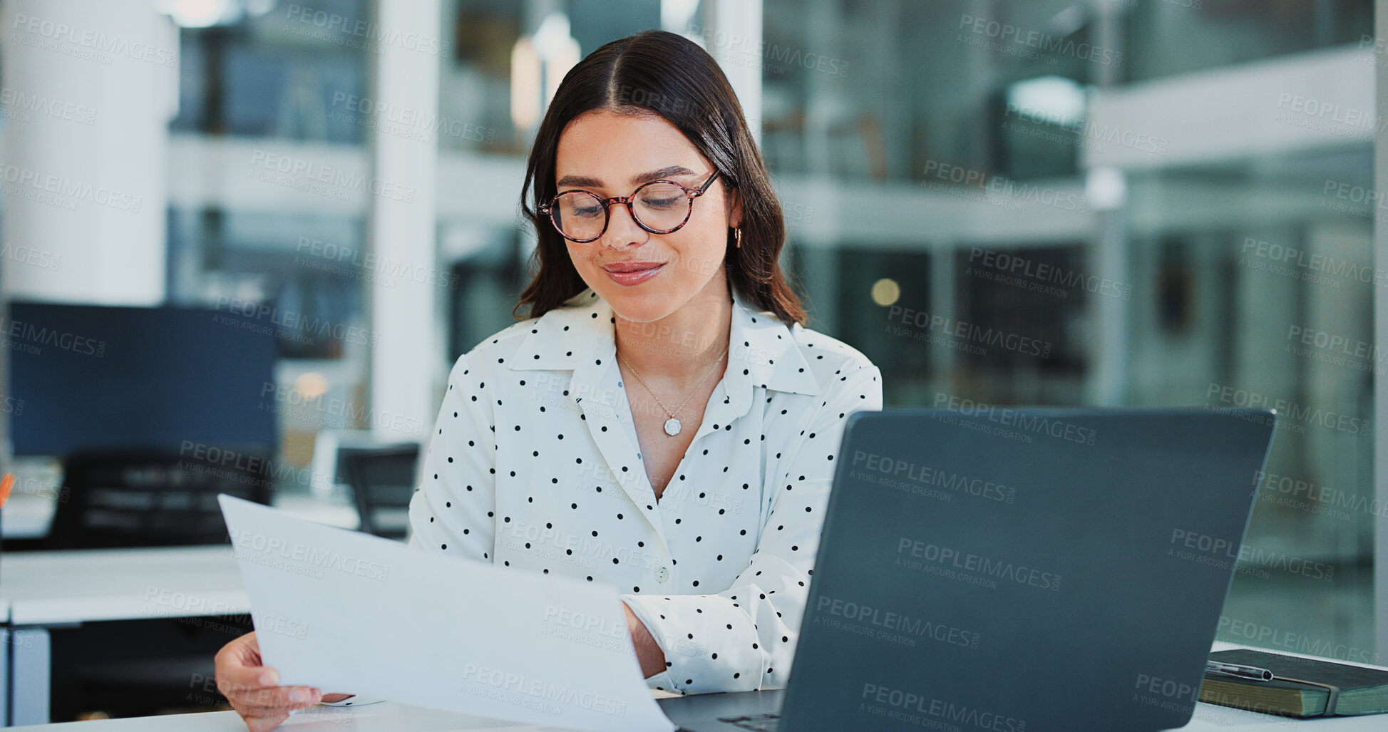 Buy stock photo Documents, laptop and business woman in office for financial review, proposal and budget planning. Corporate, reading and person with paperwork on computer for finance report, research and expenses