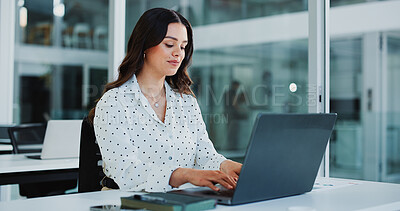 Buy stock photo Corporate, laptop and business woman for financial review, investment research and website. Office, professional and person typing on computer for finance report, budget planning and expense proposal