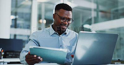 Buy stock photo Tablet, confused and business black man on laptop for financial review, mistake and budget planning. Corporate, office and person with digital tech on computer for finance report, research and error