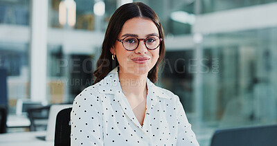 Buy stock photo Business woman, portrait and smile in office with laptop, pride and bookkeeping as accountant. Female person, glasses and tech for finance agency, banking and investment opportunity for payroll job