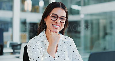 Buy stock photo Business woman, portrait and smile with laptop, pride and bookkeeping as accountant in office. Female person, glasses and tech for finance agency, banking and investment opportunity for payroll job