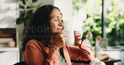 Buy stock photo Thinking, smell and coffee with woman in home for reflection, wake up drink and relax. Morning inspiration, calm and vision with mature person drinking tea in house for memory, mindset and aroma