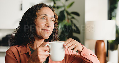 Buy stock photo Home, thinking and woman in lounge, coffee and reflection with break, comfort and nostalgia. Retirement, tea and mature person with contemplation, daydreaming and decision with moment and remember