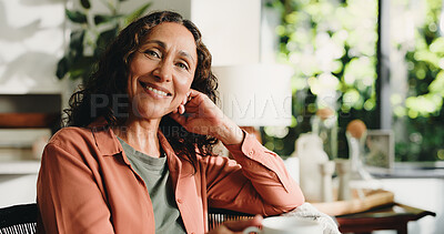 Buy stock photo Chill, relax and portrait of woman in home for peace, confidence and retirement. Happiness, pride and weekend break with mature person in living room of apartment for calm, morning and resting