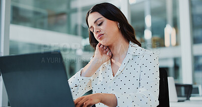 Buy stock photo Frustrated woman, neck pain and laptop with stress for overworked pressure or deadline in office. Tired, female person or injury on computer with strain, muscle tension or fatigue for burnout or fail