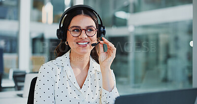 Buy stock photo Happy, agent and woman with headset, call center and communication with contact for lead generation. Office, telemarketing and person with mic for sales, space and consultation with tech and online